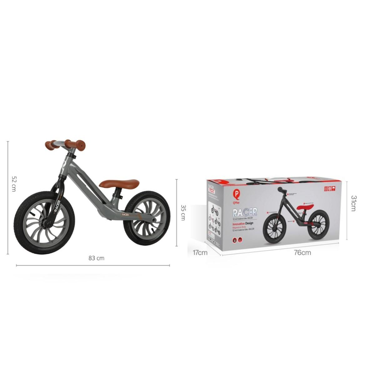 Graues Laufrad mit braunem Sattel und Griffen, neben seiner Produktverpackung mit Maßangaben.
