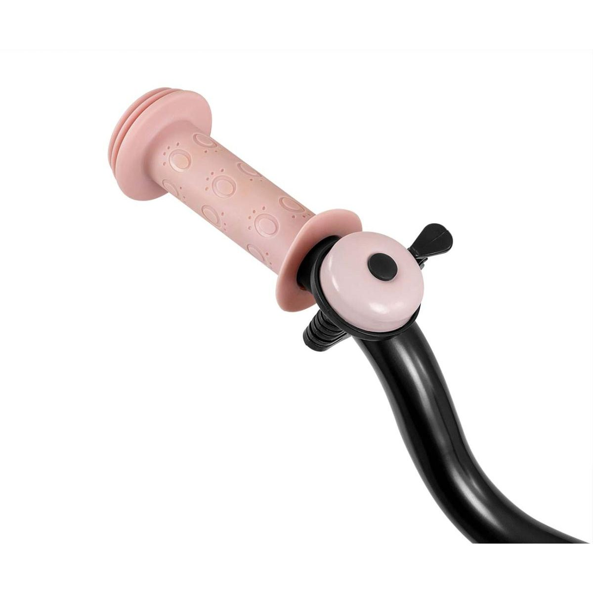 Rosa Kinderfahrrad-Lenkergriff mit Tiermotiv und kleiner rosa Klingel.