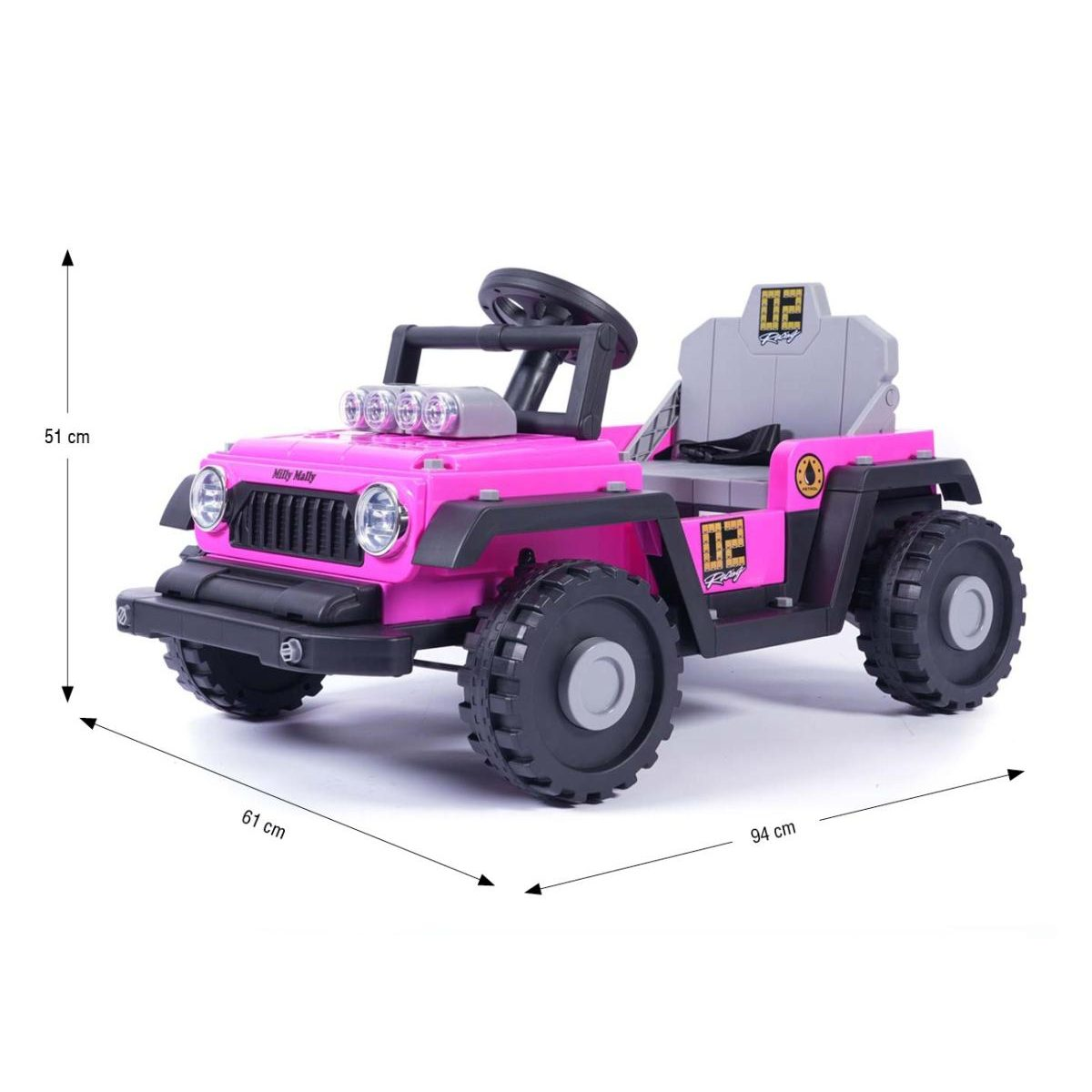 Ein rosafarbenes Rutschauto mit schwarzen und grauen Details sowie Maßen von 51cm, 61cm und 94cm.