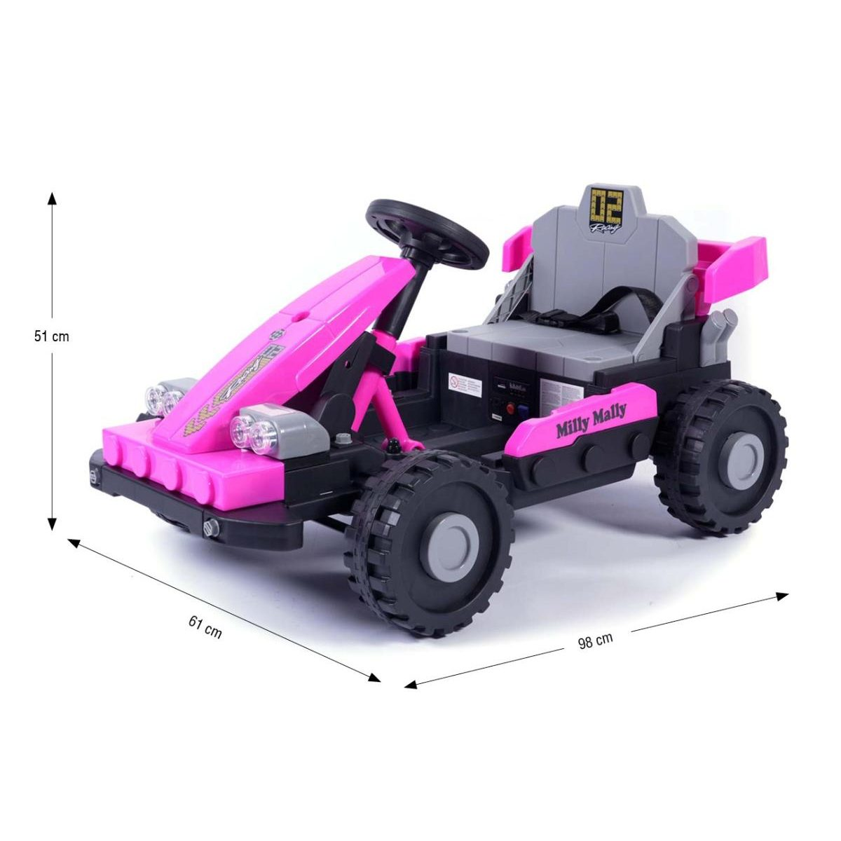 Ein pink-schwarzes Kinder-Go-Kart mit großen Rädern und den Maßen 98x61x51 cm auf weißem Hintergrund.
