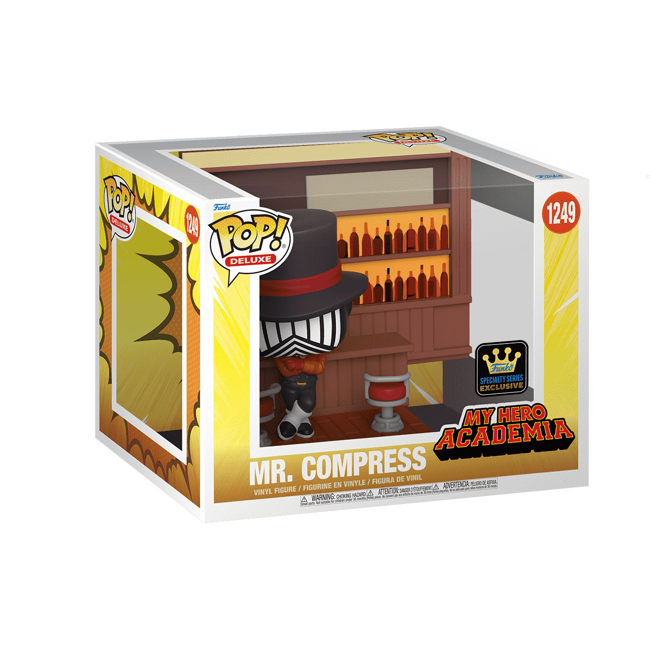 Mr. Compress Funko Pop Figur in einer Bar Diorama Schachtel, My Hero Academia.