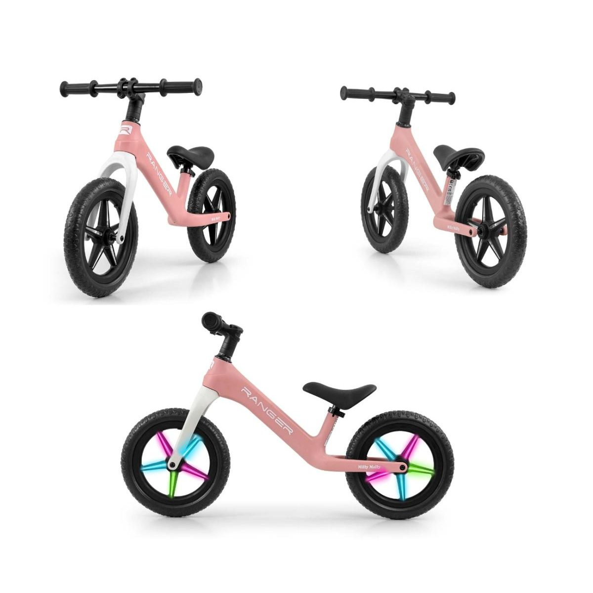 Drei rosa-weiße Laufräder mit schwarzem Sattel und Rädern vor weißem Hintergrund, eines mit bunten LEDs.