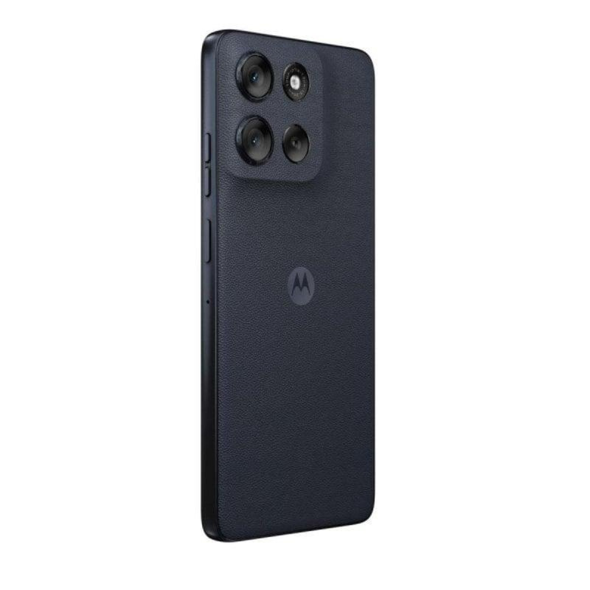 Rückseite eines dunkelblauen Motorola-Smartphones mit strukturierter Rückseite und vier Kameraobjektiven.