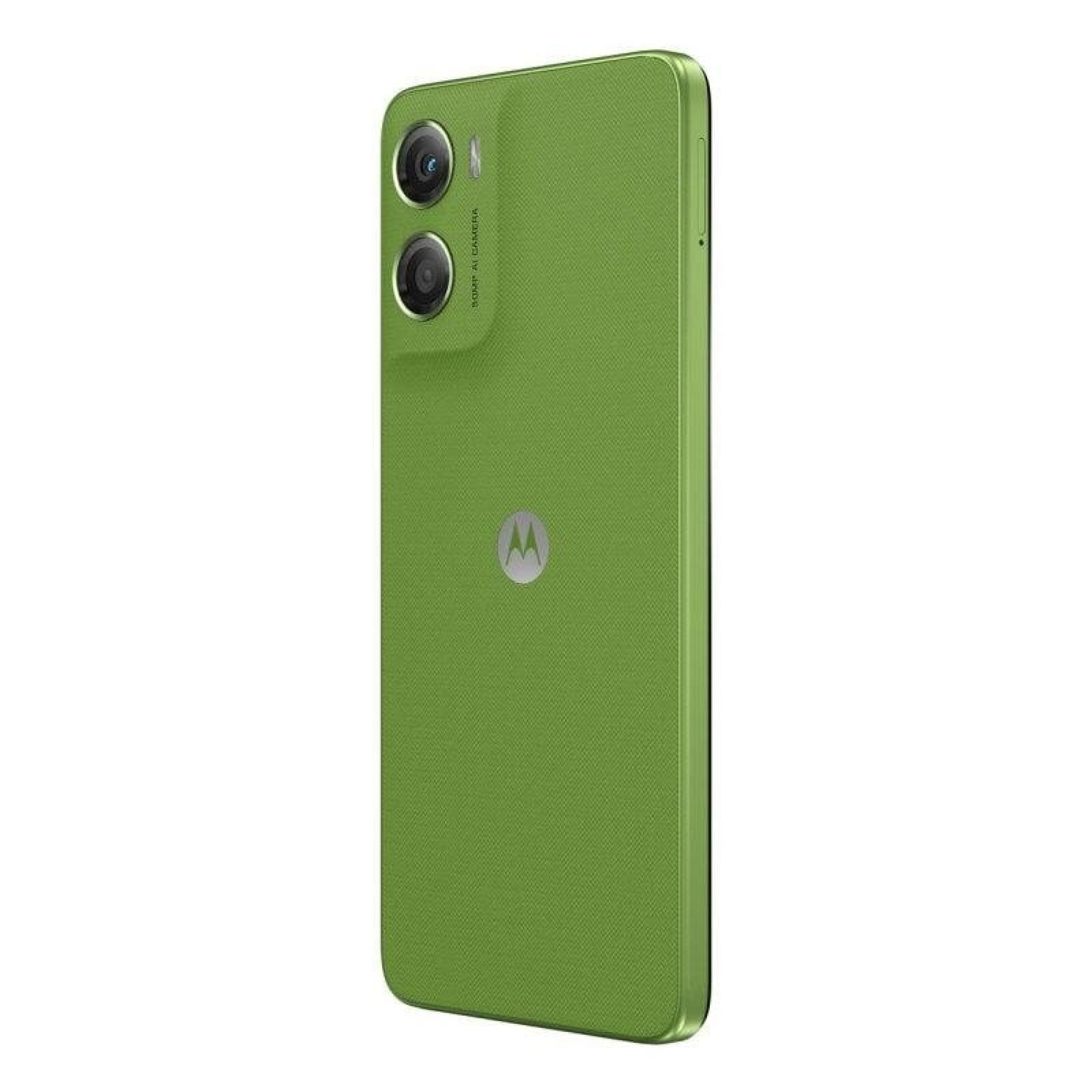 Retro di uno smartphone verde con due fotocamere e il logo Motorola.