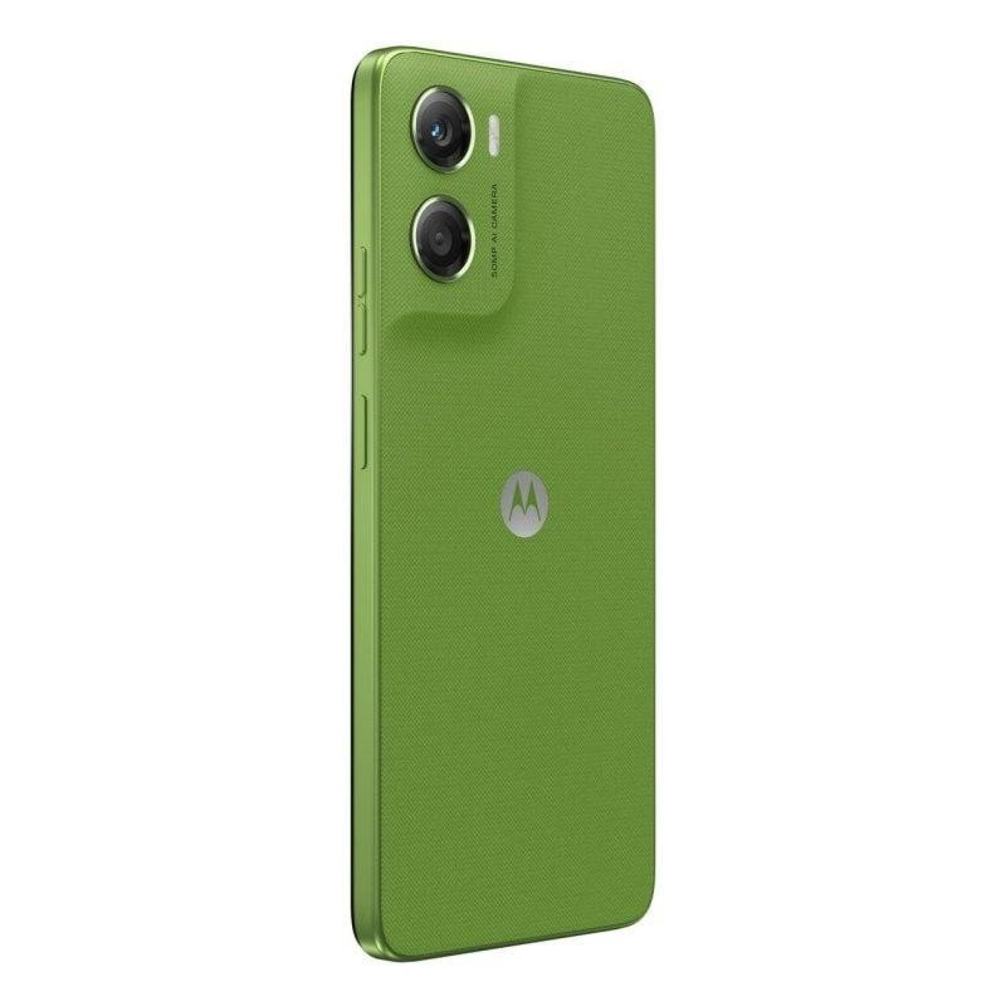 Uno smartphone verde con due fotocamere posteriori e il logo Motorola sul retro.