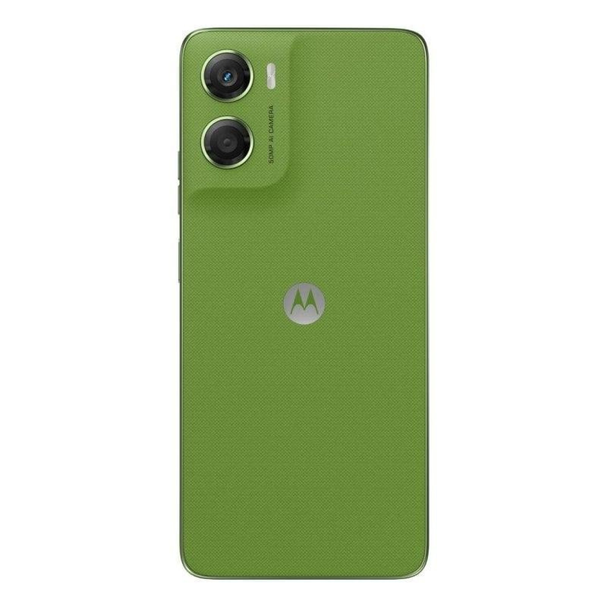 Retro di uno smartphone verde con due fotocamere e il logo Motorola al centro.
