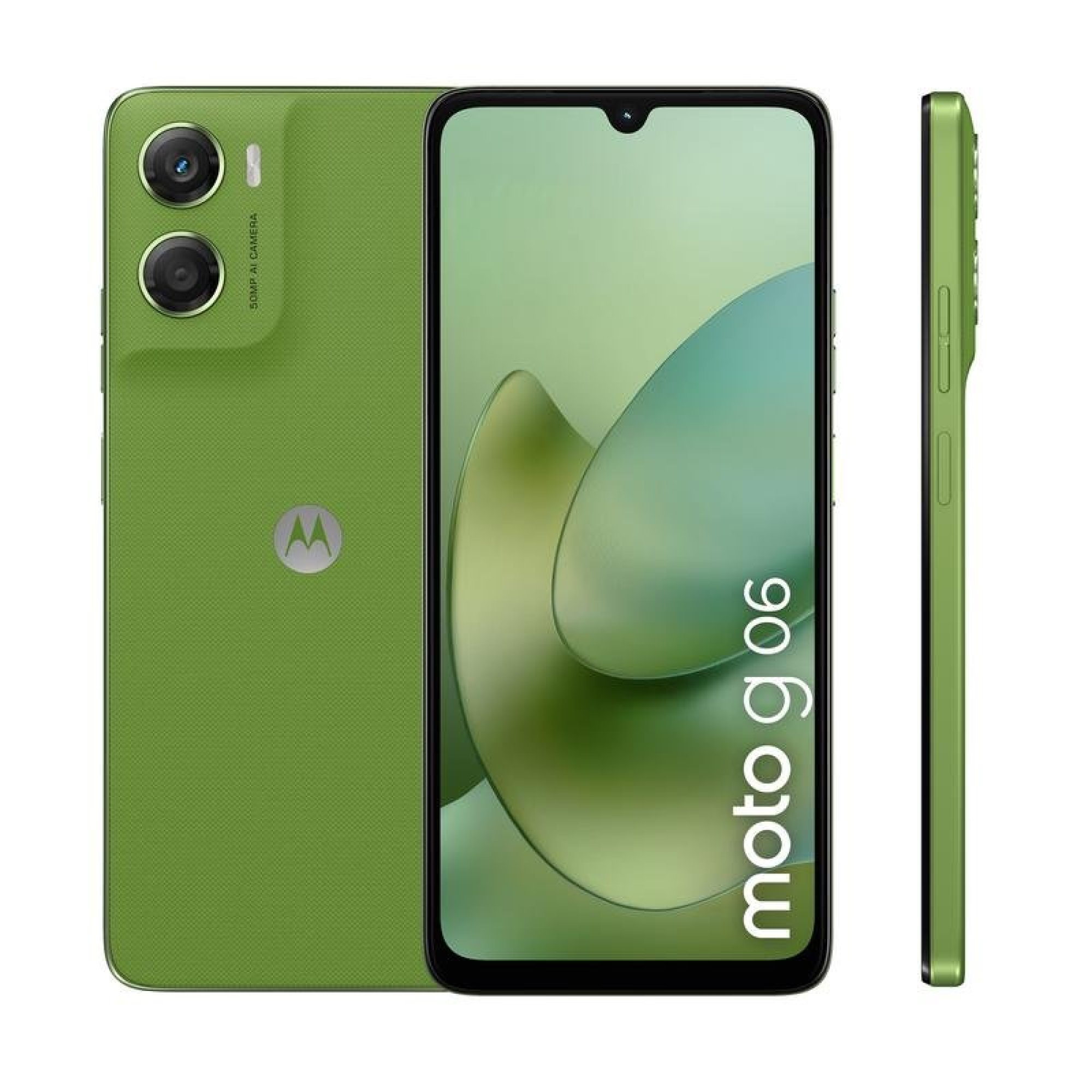 Smartphone verde Moto G06 con schermo, doppia fotocamera e tasti.