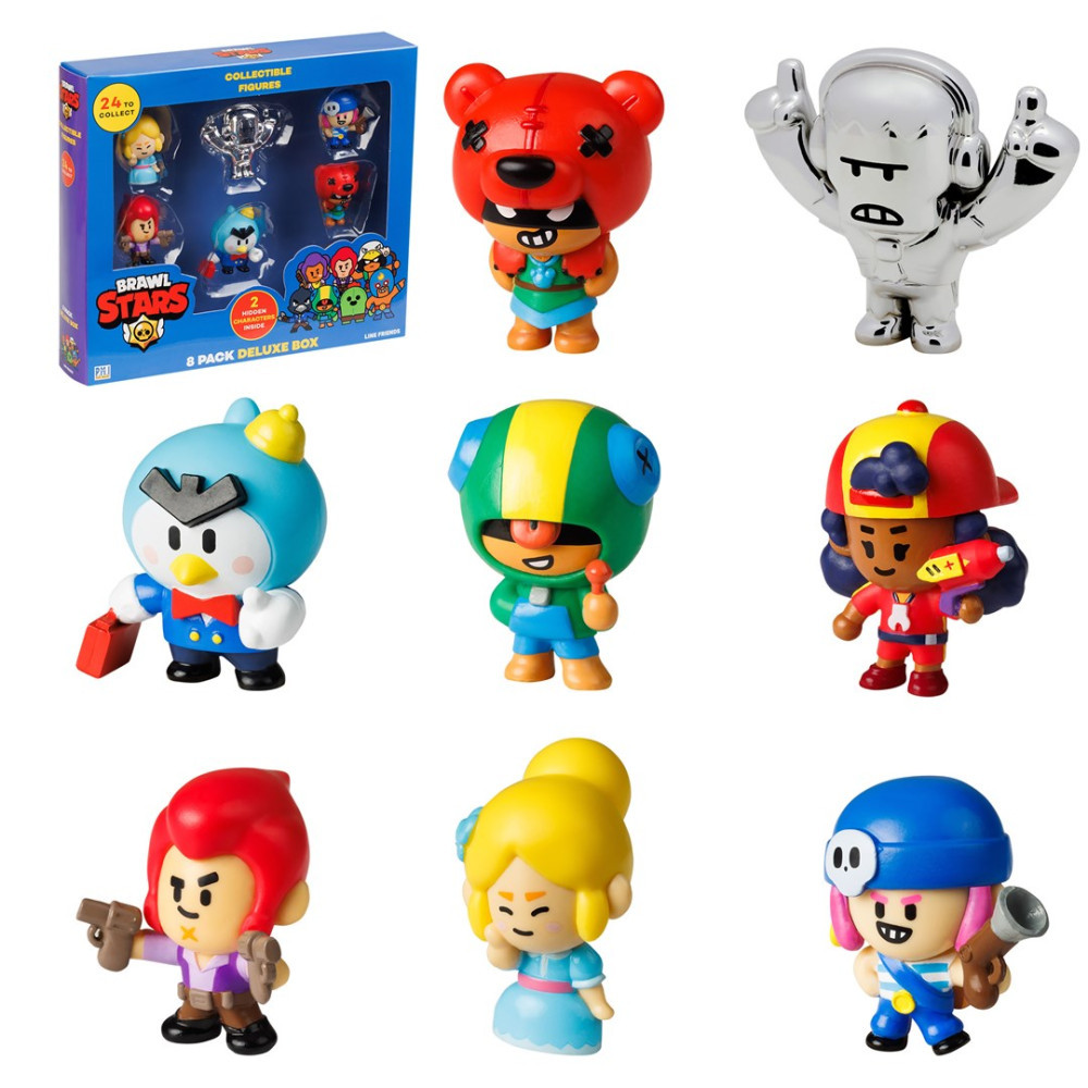 Zestaw deluxe 8 figurek Brawl Stars i kolorowe postacie na białym tle.