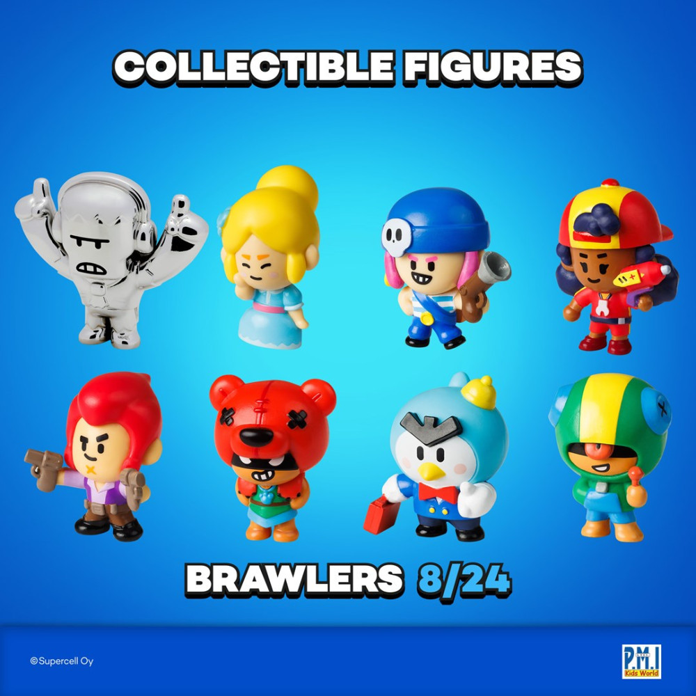 Osiem małych kolekcjonerskich figurek Brawl Stars na niebieskim tle z tekstem Collectible Figures i Brawlers 8/24.