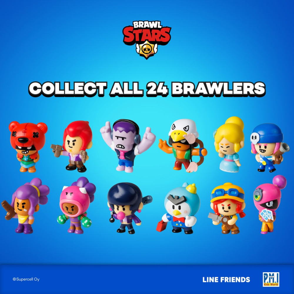 Obraz promocyjny Brawl Stars z dwunastoma kolekcjonerskimi figurkami na niebieskim tle.