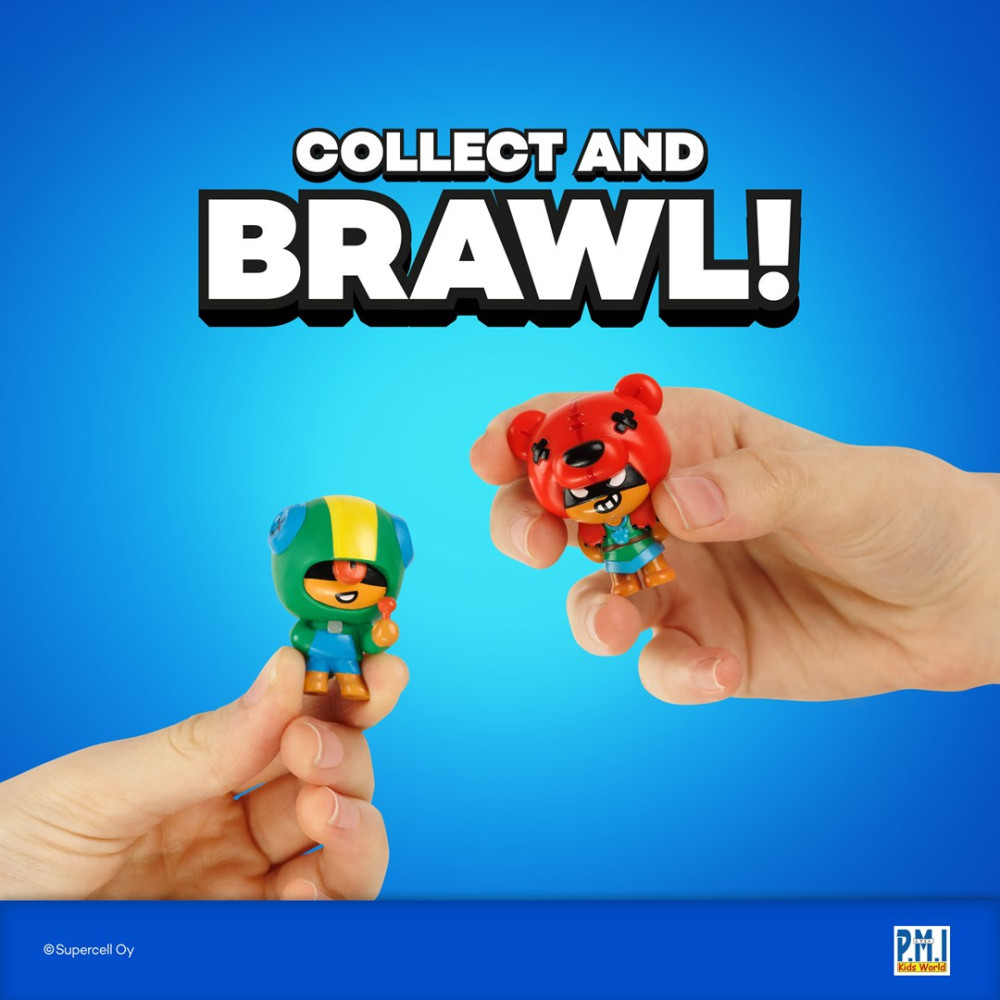 Dwie dłonie trzymają figurki Leon i Nita z Brawl Stars na niebieskim tle z napisem COLLECT AND BRAWL!