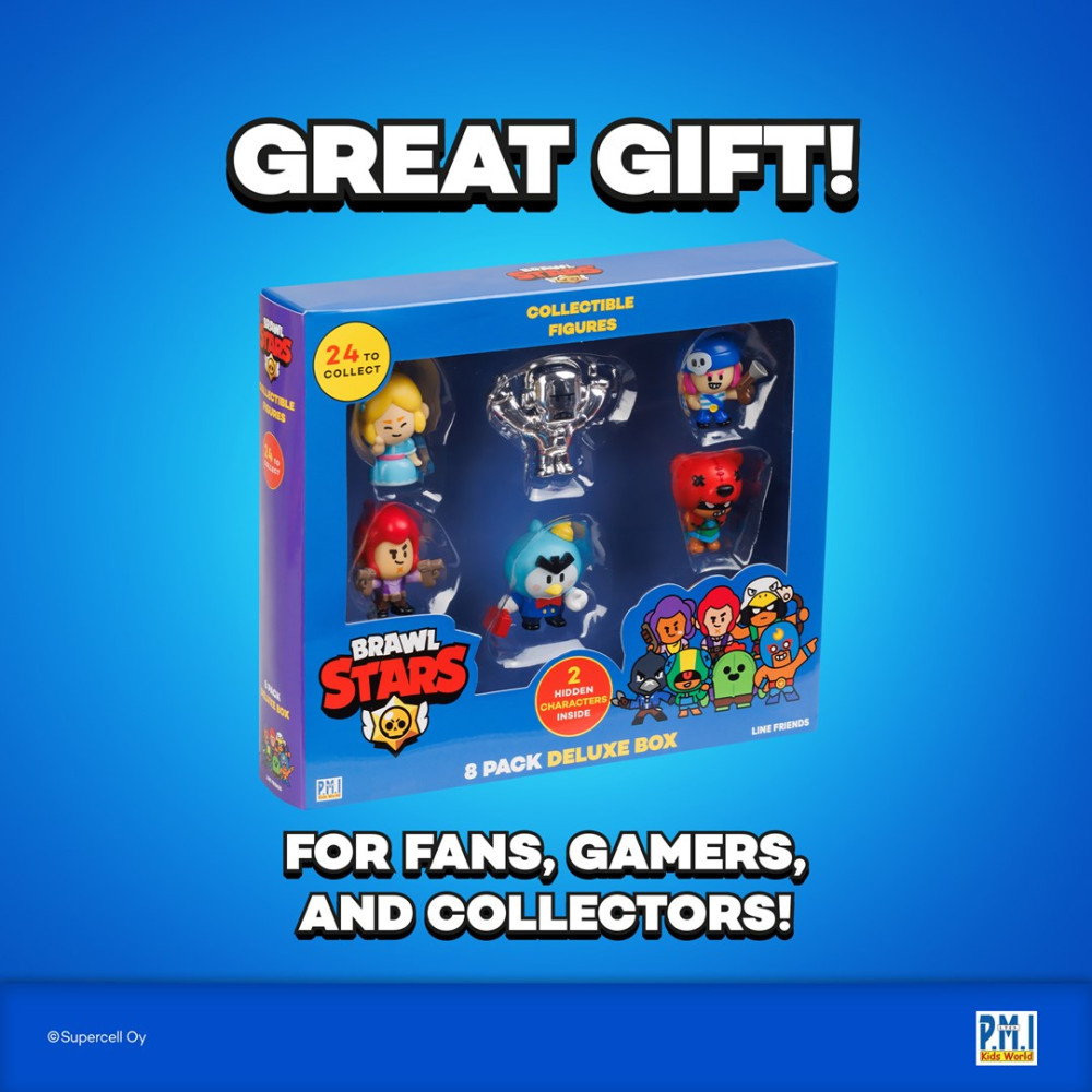 Pudełko deluxe Brawl Stars z sześcioma widocznymi figurkami na niebieskim tle.