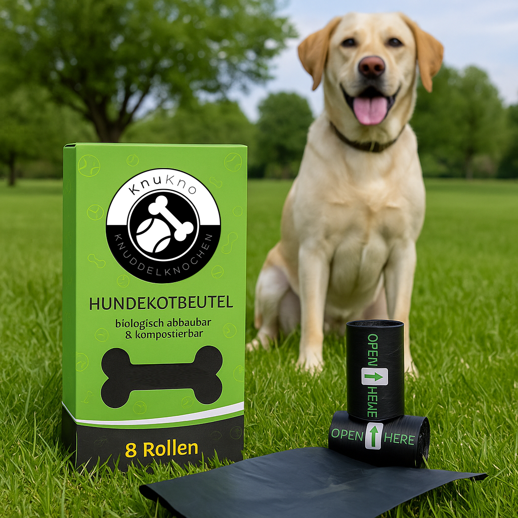 Eine grüne Hundekotbeutelbox und schwarze Rollen liegen im Gras mit einem Labrador im Hintergrund.