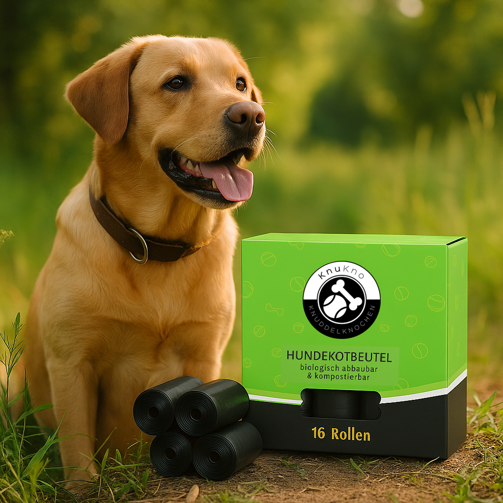 Ein gelber Labrador sitzt neben einer grünen Verpackung mit Hundebeuteln im Gras.