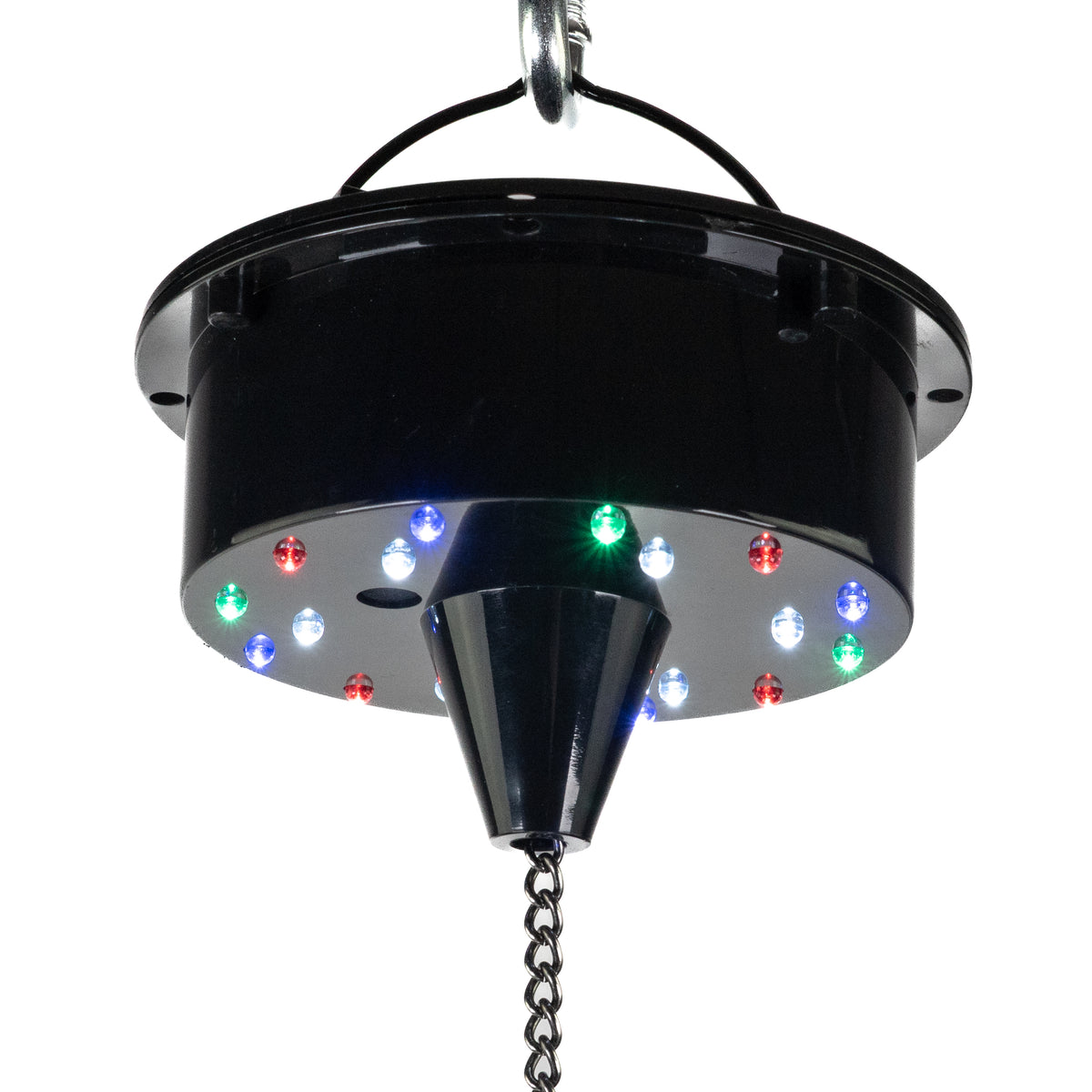 Schwarzes kreisrundes Gehäuse mit bunten LEDs im Kreis angeordnet und einer Kette unten.