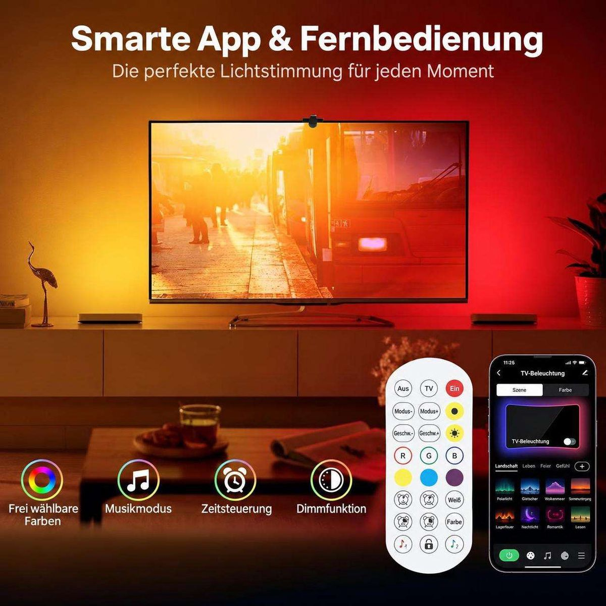 Fernseher mit ambianter Hintergrundbeleuchtung, gesteuert über eine Fernbedienung und eine Smartphone-App.