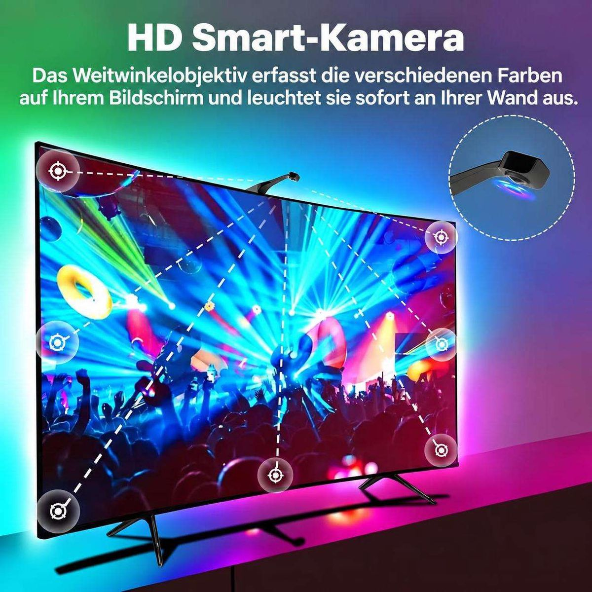 Eine HD-Smart-Kamera erfasst Bildschirmfarben und projiziert sie als Hintergrundbeleuchtung an die Wand.