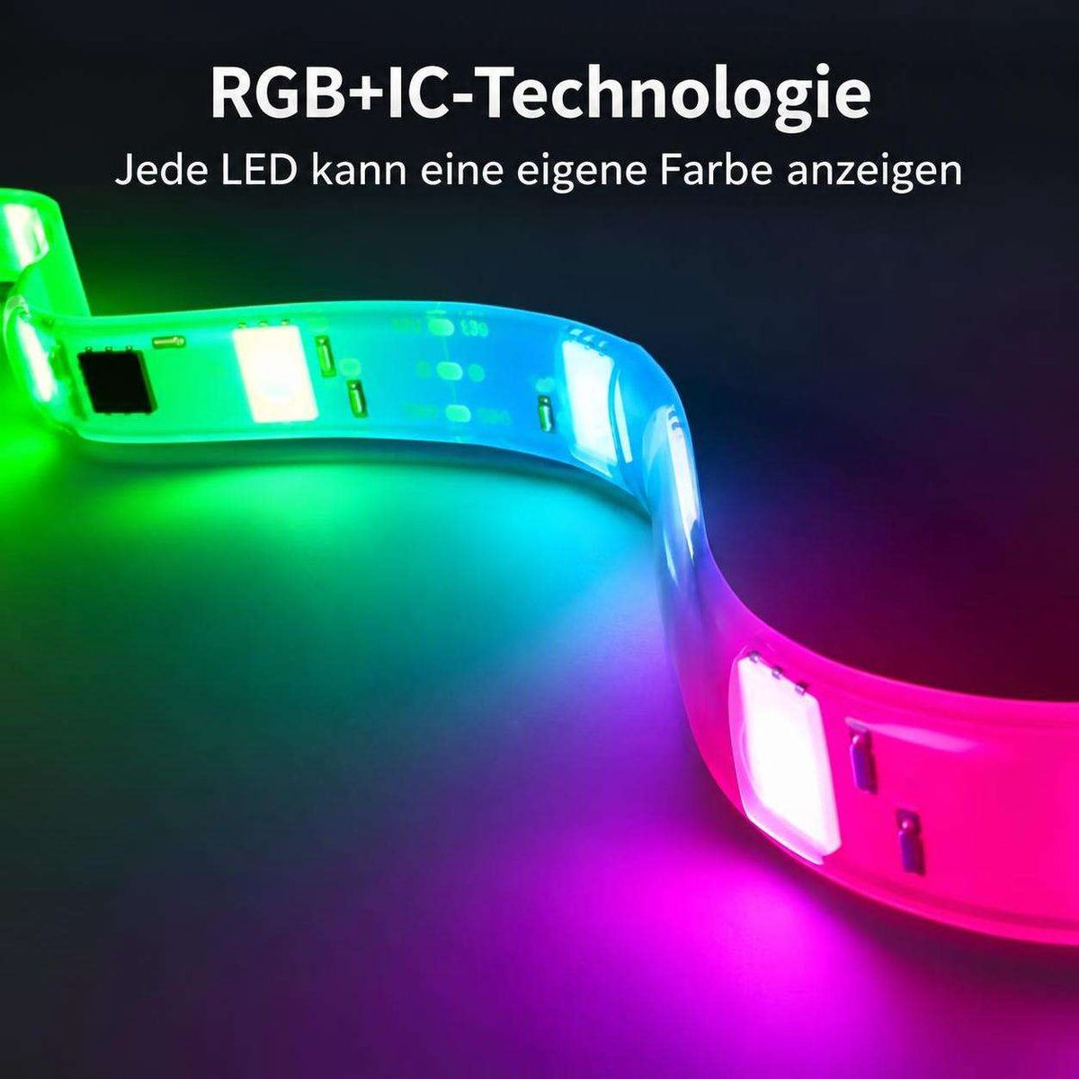 Ein biegsamer LED-Streifen leuchtet in verschiedenen Farben wie Grün, Blau und Rosa vor dunklem Hintergrund.