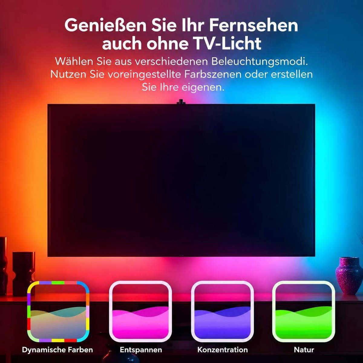Ein TV mit farbiger Hintergrundbeleuchtung und vier Icons für verschiedene Lichtmodi.