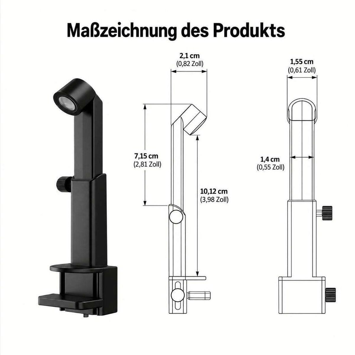Technische Zeichnung einer schwarzen Tischleuchte mit Maßangaben in cm und Zoll.