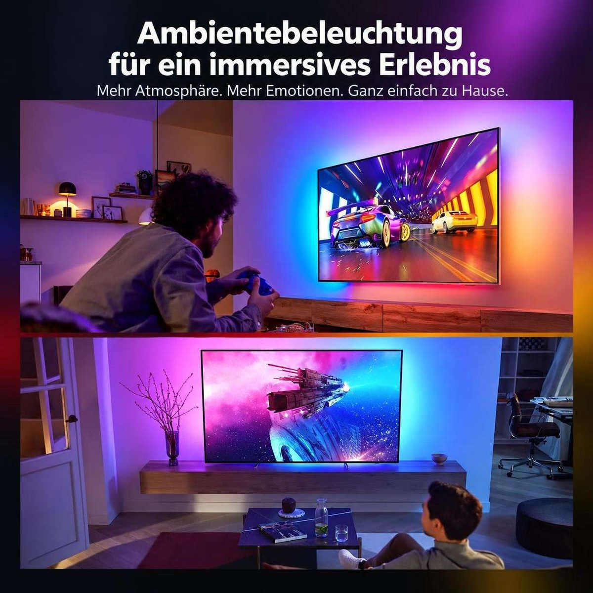 Ein Mann spielt in einem abgedunkelten Raum Videospiele auf einem Fernseher mit farbiger Hintergrundbeleuchtung.