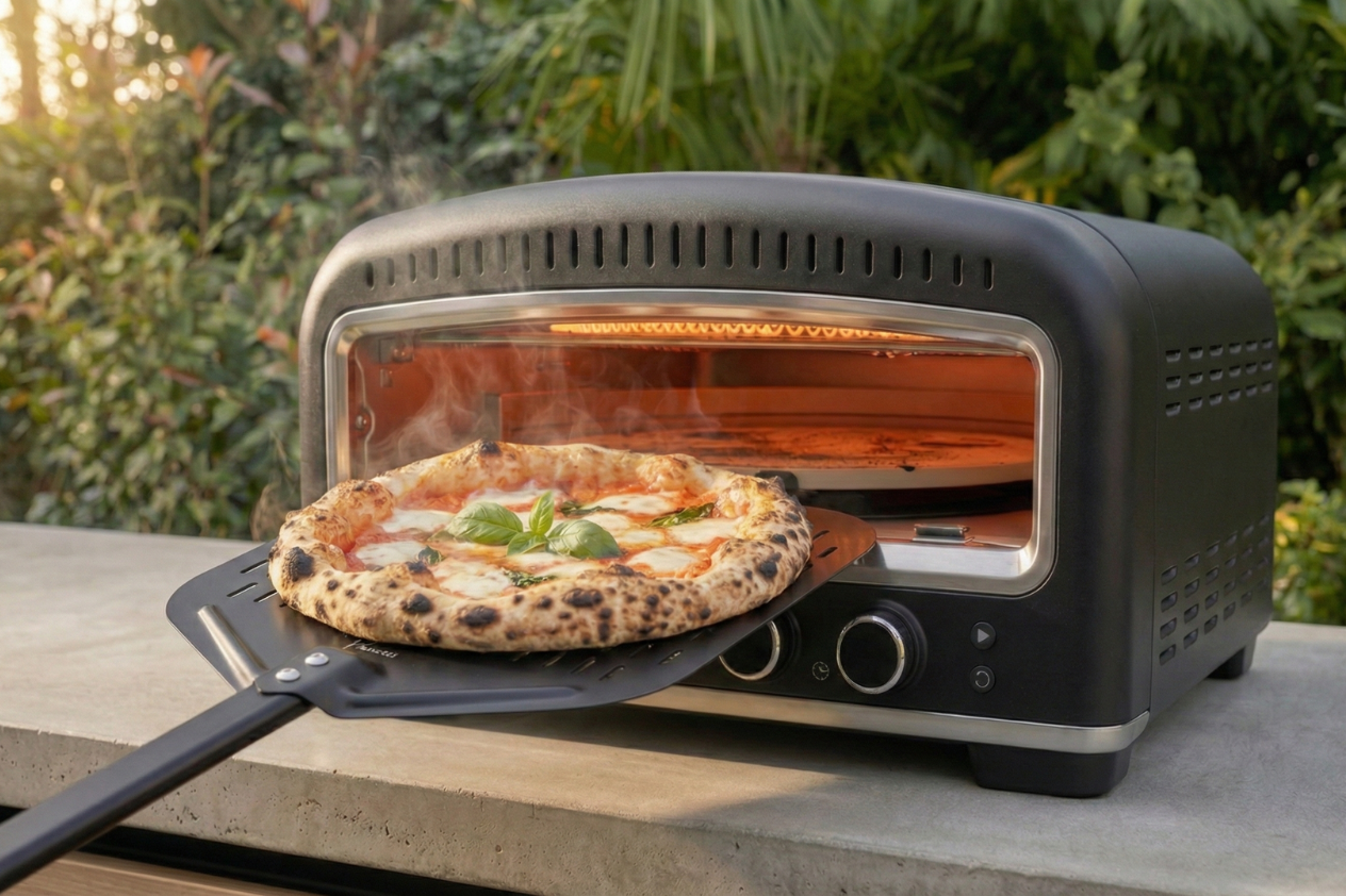 Eine frische Pizza auf einem Schieber vor einem modernen schwarzen Pizzaofen im Freien.