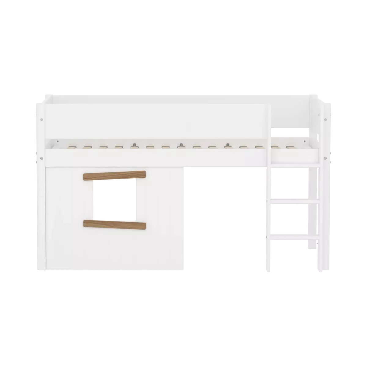 Weißes Hochbett aus Holz mit Leiter und einem unteren Spielhausbereich mit Holztüren.