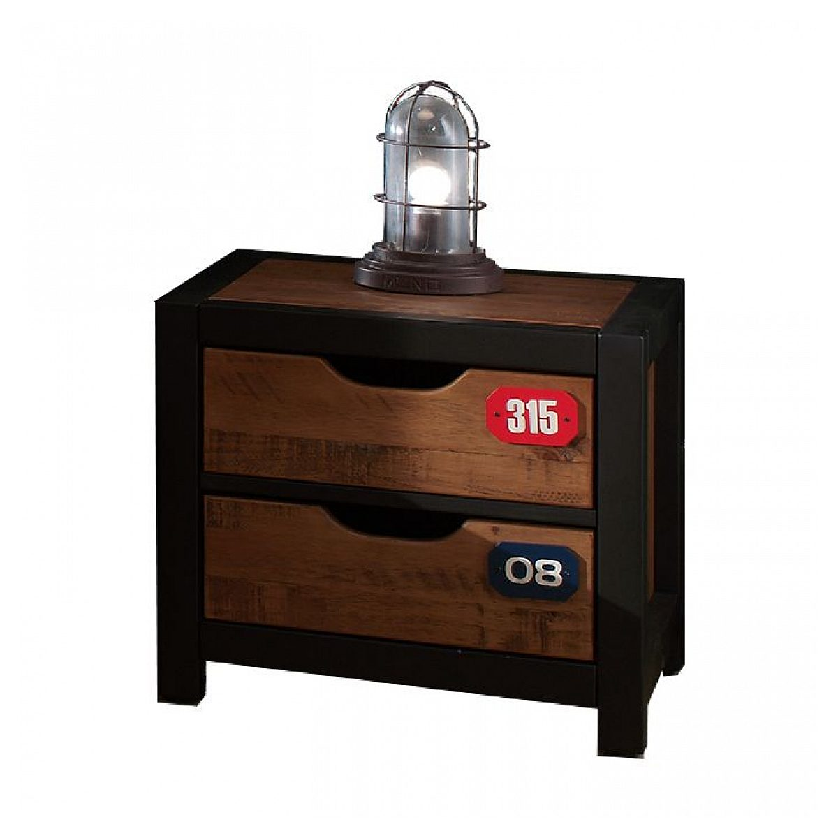 Ein rustikaler Holznachtschrank mit schwarzem Metallrahmen und einer industriellen Lampe darauf.