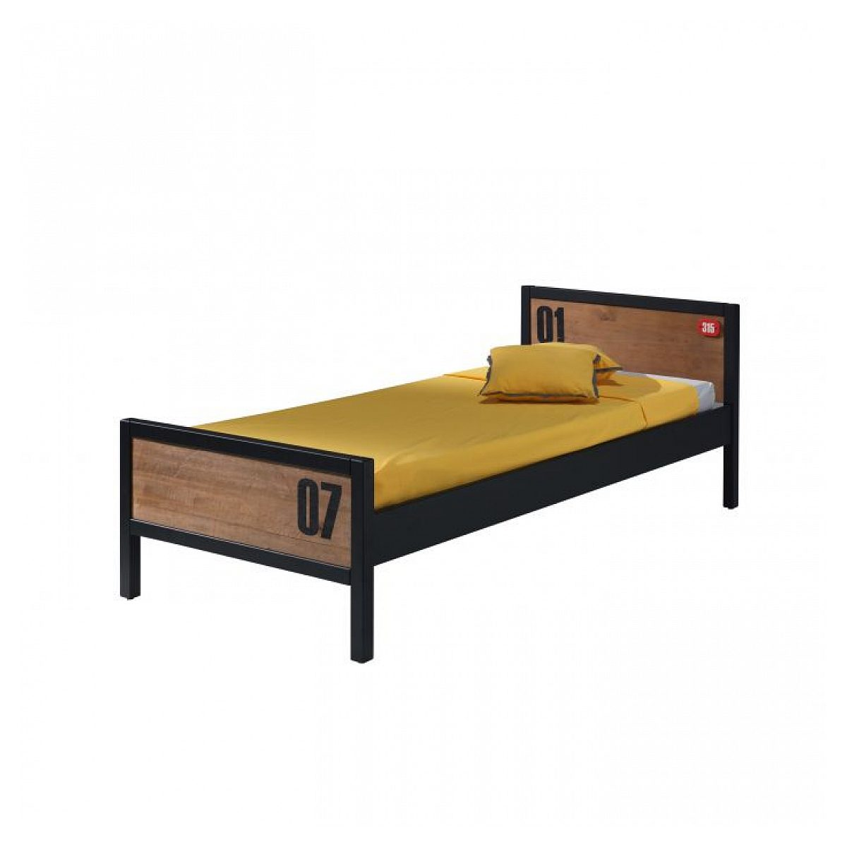Einzelbett mit schwarzem Metallrahmen, Holzpaneelen mit den Nummern 01 und 07 sowie gelber Bettwäsche.