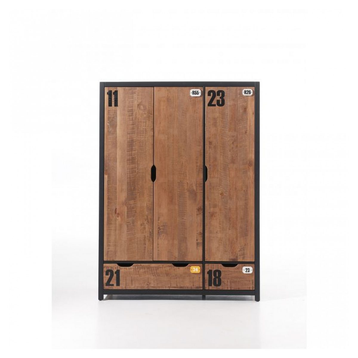 Ein Holzschrank mit drei Türen, zwei Schubladen, schwarzem Metallrahmen und aufgedruckten schwarzen Zahlen 11, 23, 21 und 18.