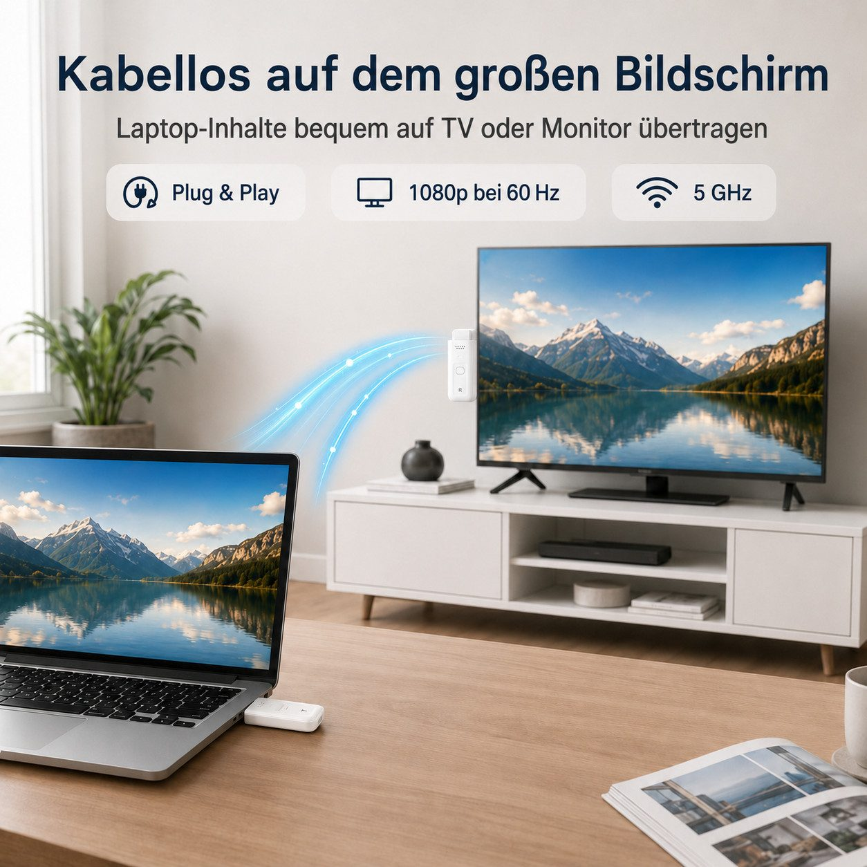 Ein Laptop streamt drahtlos Inhalte zu einem Fernseher auf einem weißen Schrank.