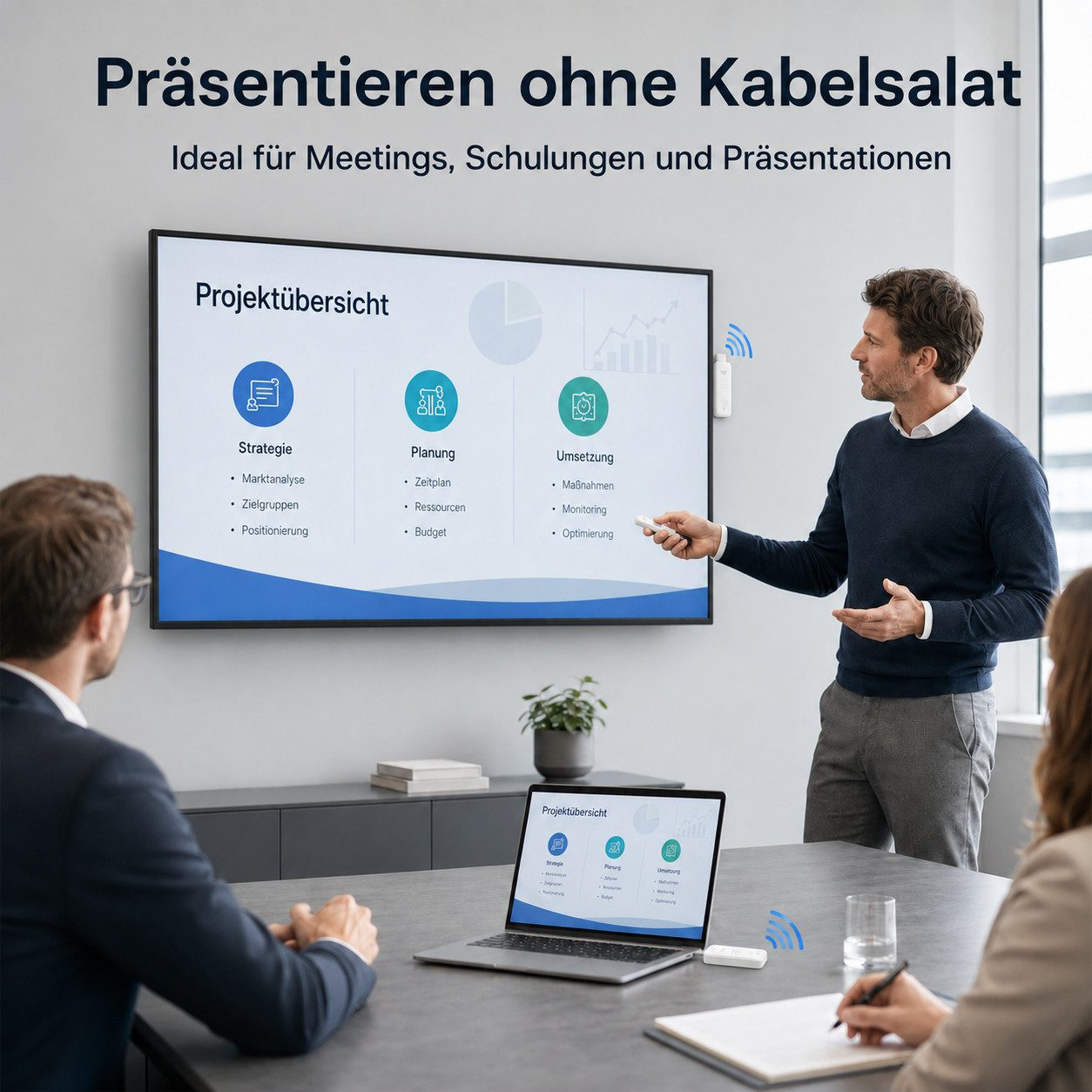 Ein Mann hält eine kabellose Präsentation in einem modernen Büro vor Kollegen.