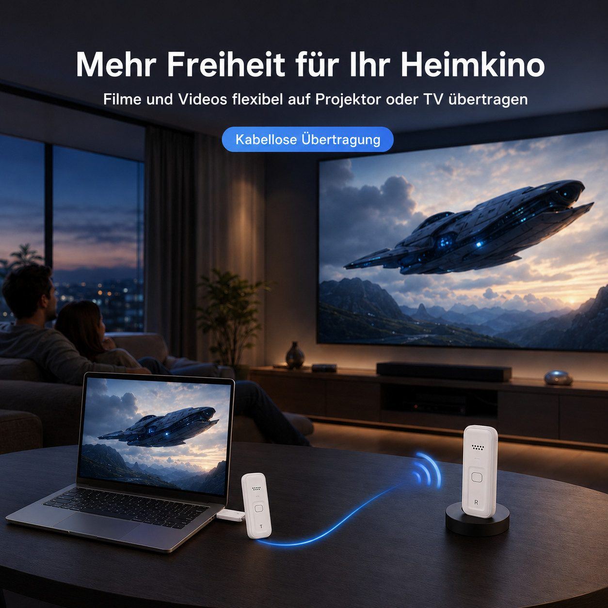 Kabellose Videoübertragung von Laptop zu TV und Beamer mit kleinen Sendern und Empfängern auf einem Tisch.