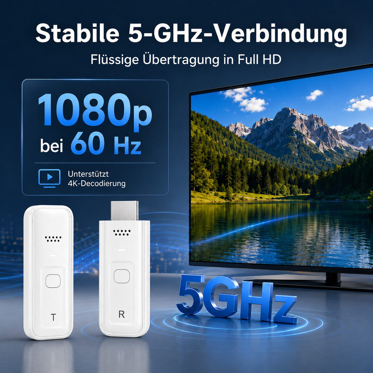 Zwei weiße HDMI-Adapter und ein Fernseher mit Berglandschaft zeigen eine stabile 5GHz-Verbindung.