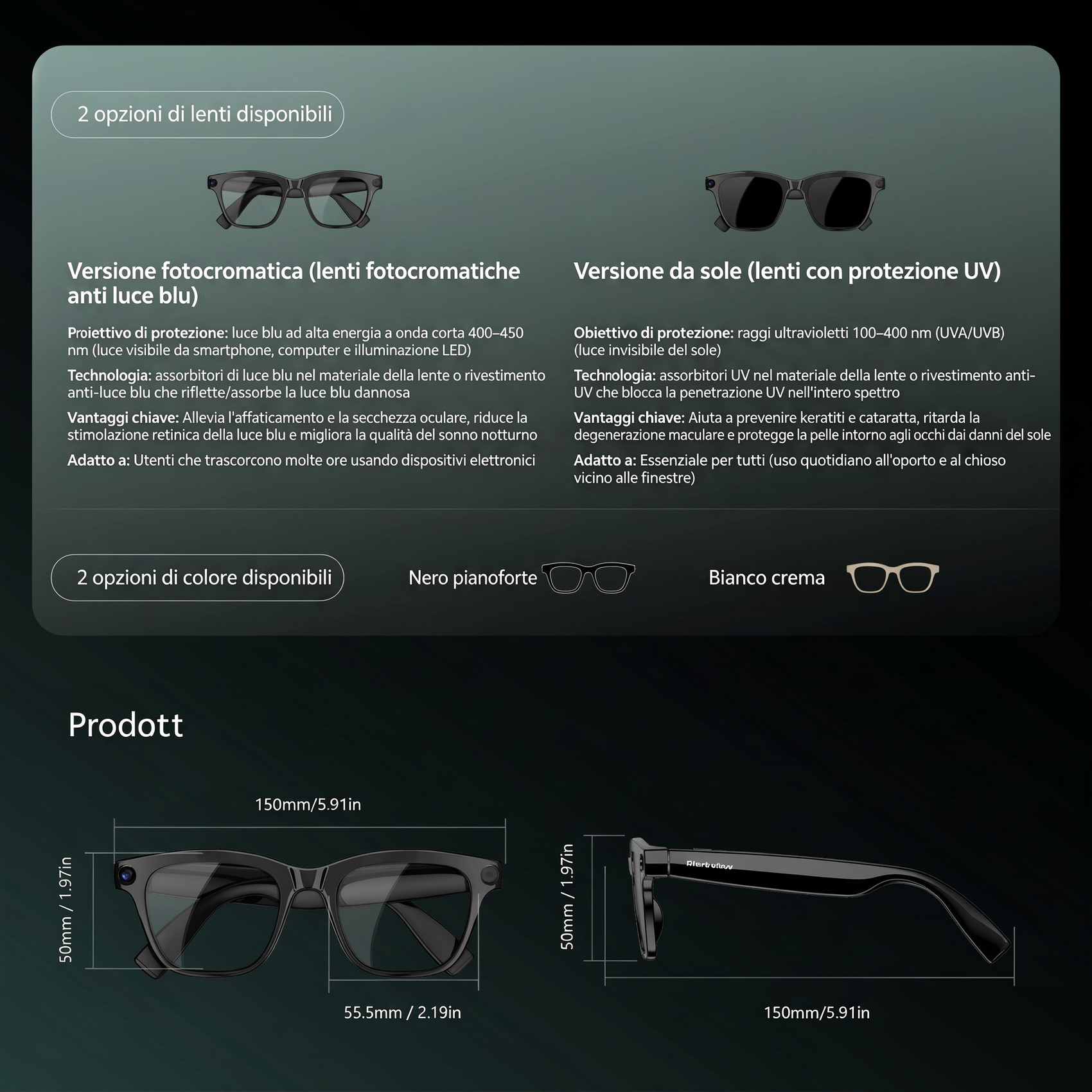 Confronto tra lenti fotocromatiche e da sole, opzioni di colore e dimensioni di occhiali smart.