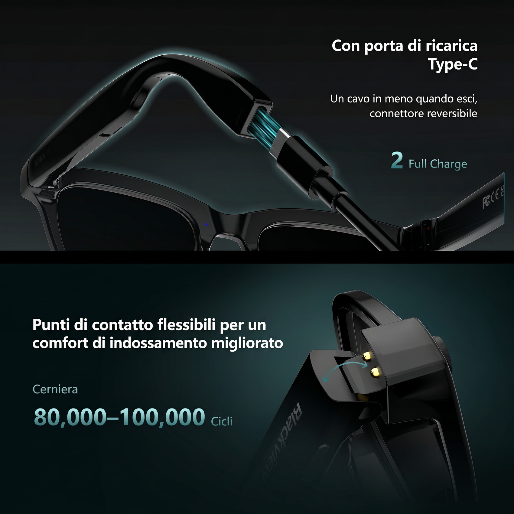 Occhiali smart neri con porta di ricarica Type-C e punti di contatto flessibili.