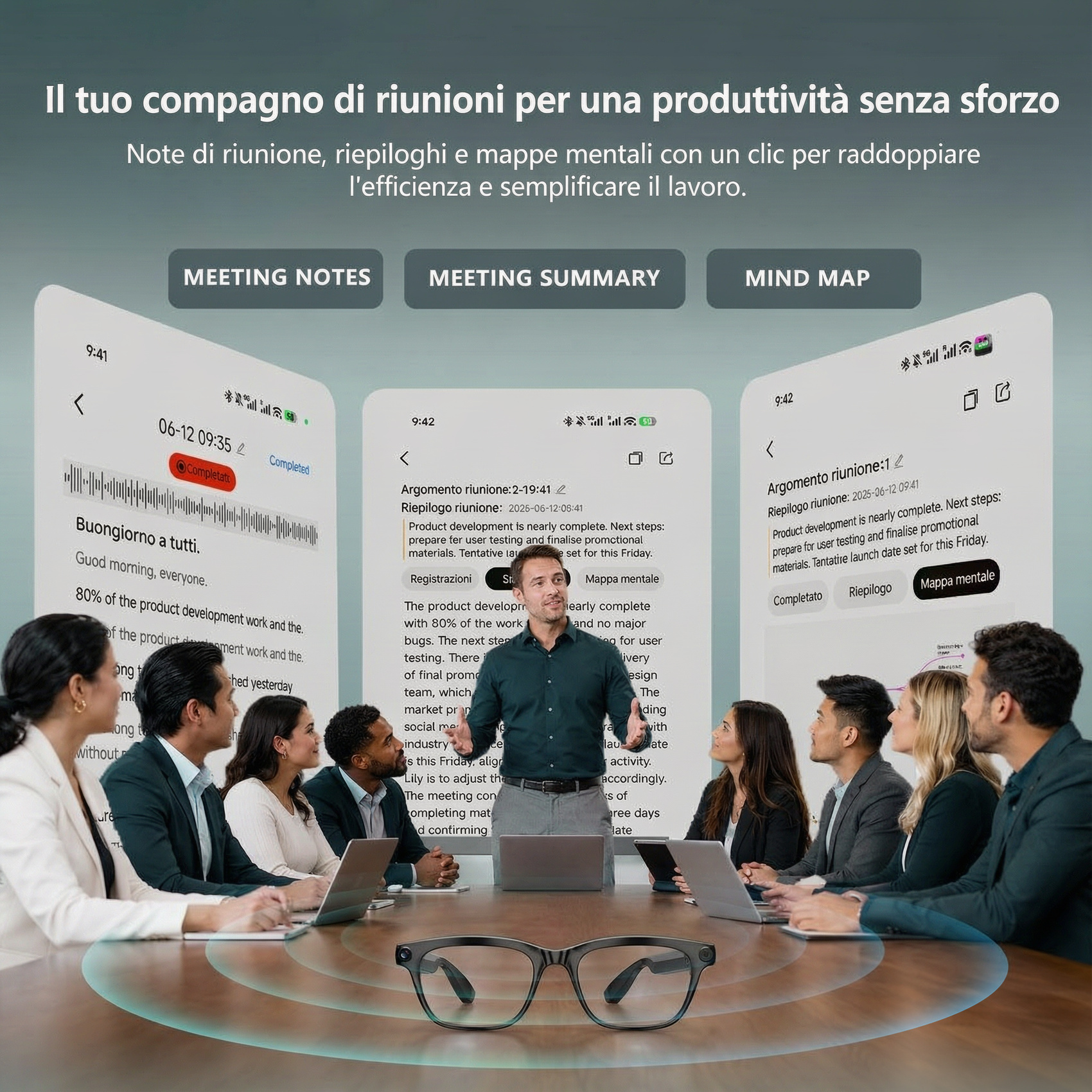 Un uomo in riunione presenta note e riepiloghi visualizzati sugli schermi.
