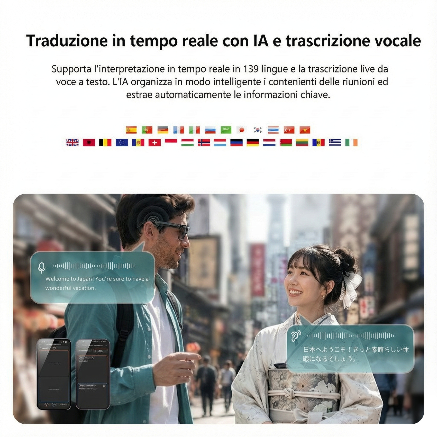 Un uomo con le cuffie e una donna in kimono parlano in strada, con bolle di testo per la traduzione.