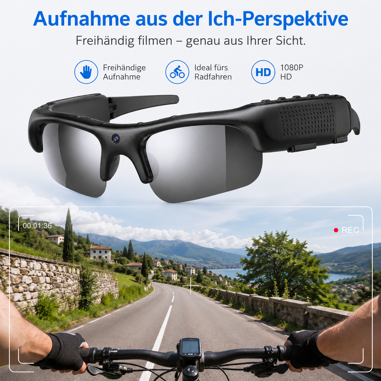 Sparsiche Brille zur Aufnahme von POV-Videos beim Radfahren, mit Beispielsansicht einer Bergstraße.