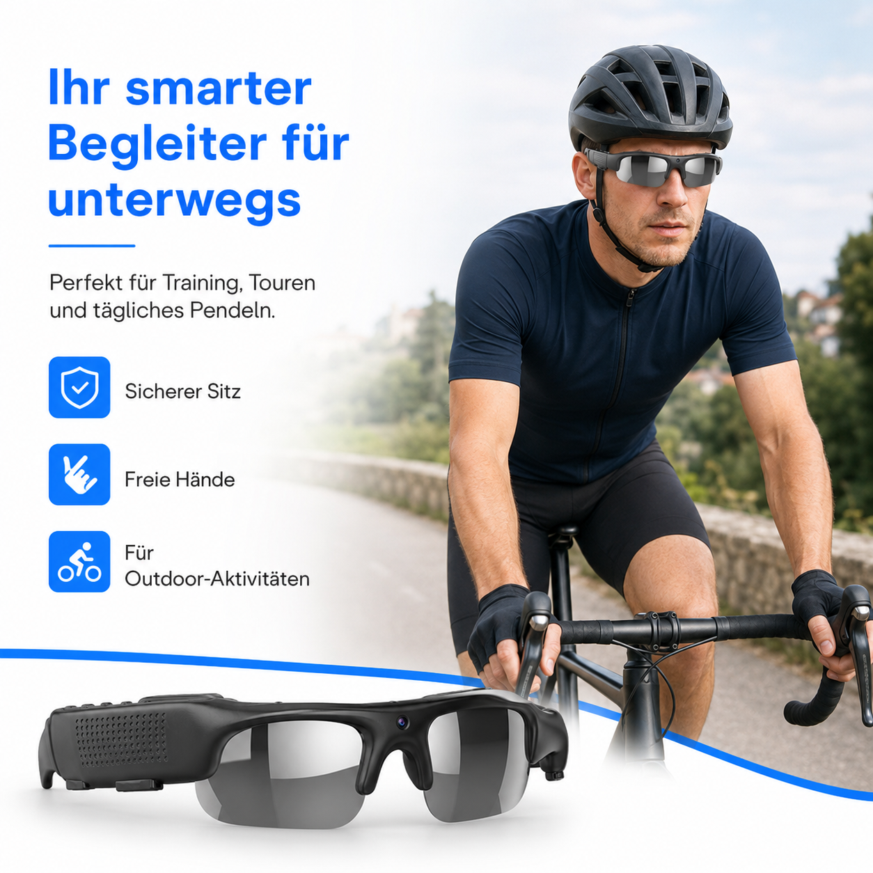 Ein Radfahrer mit Helm und Smart Glasses auf der Straße, im Vordergrund ein Produktbild der Brille und Text.