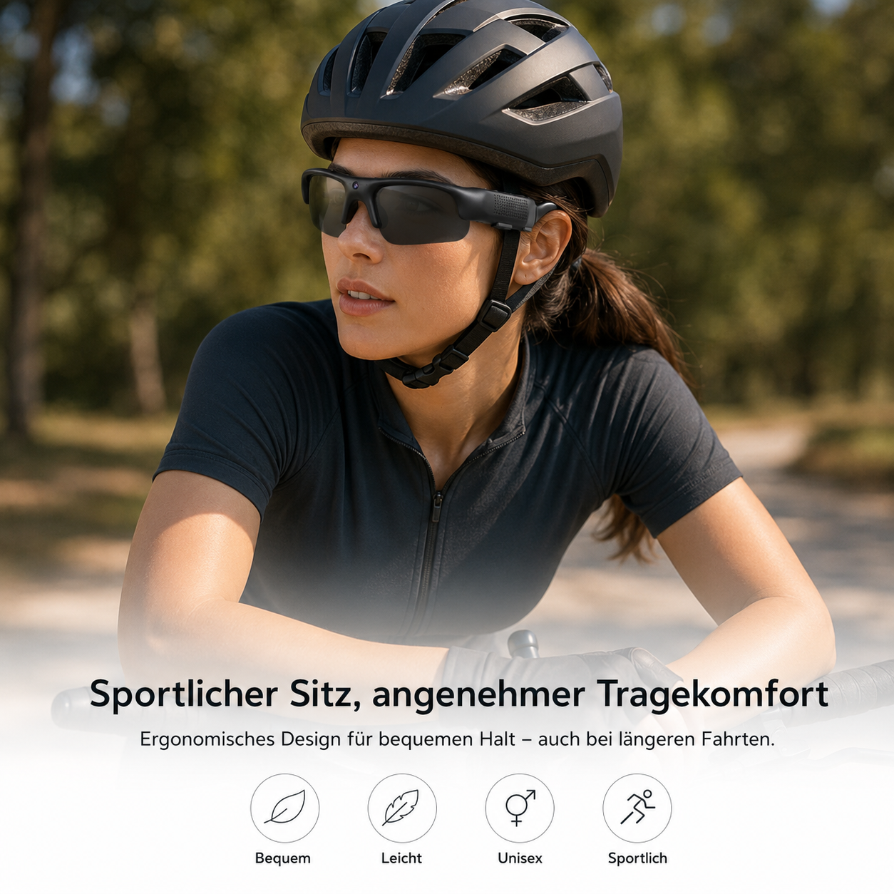 Radfahrerin mit Helm und Sonnenbrille sitzt auf einem Fahrrad im Freien mit Werbetext.