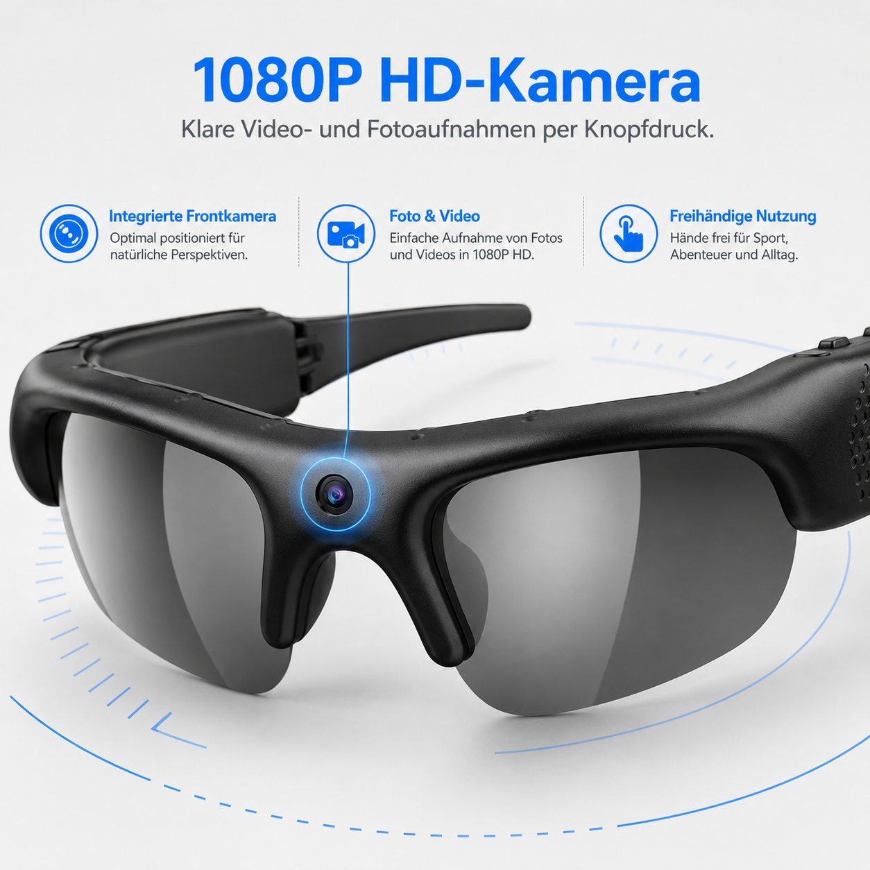 Schwarze Smart-Brille mit Front-HD-Kamera und beschreibendem Text auf hellem Hintergrund.