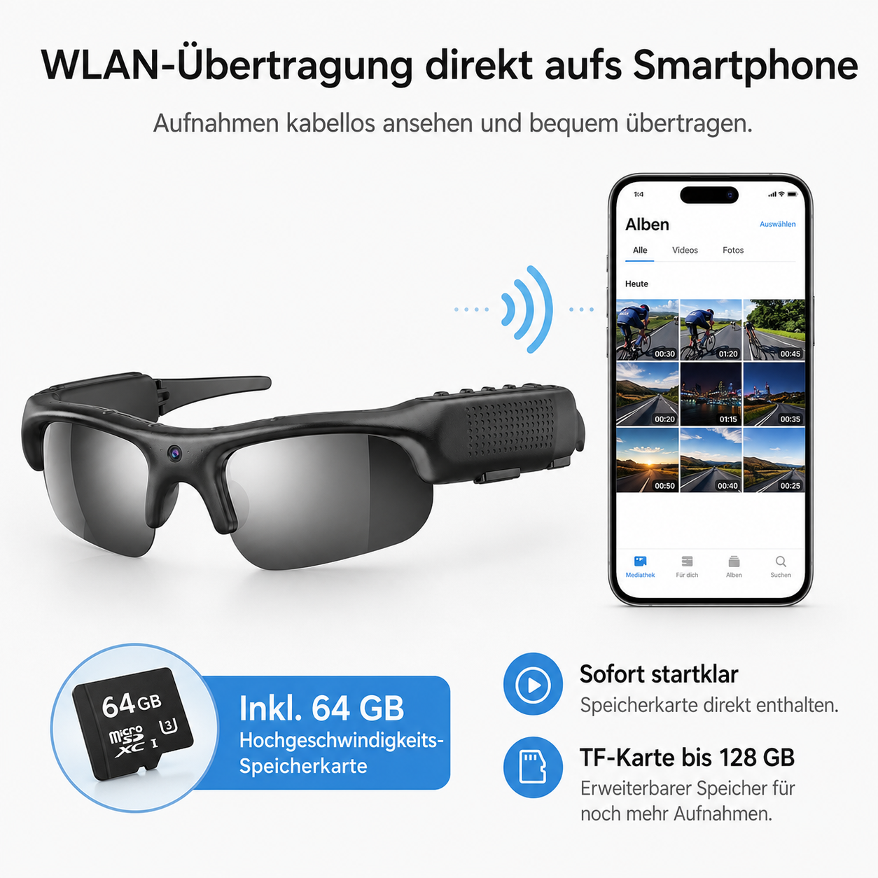 Smarte Brille mit integrierter Kamera, WLAN-Verbindung zum Smartphone und inklusive 64-GB-Speicherkarte.