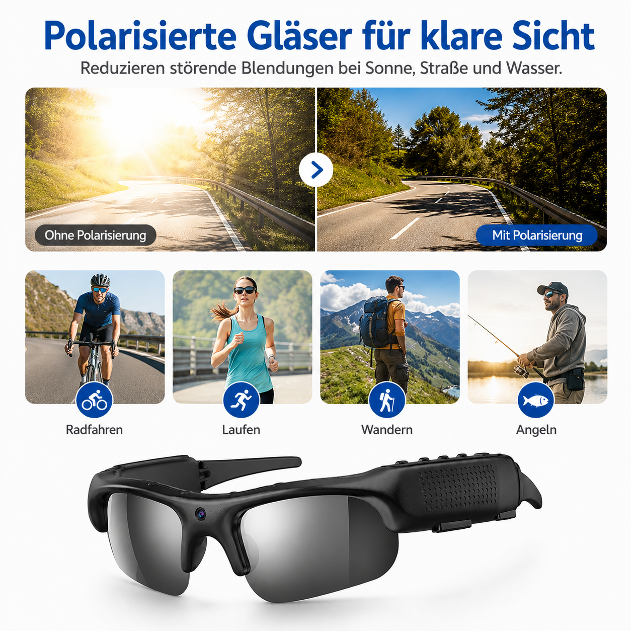 Vergleich polarisierter Sonnenbrillen für Radfahren, Laufen, Wandern und Angeln mit reduzierter Blendung.