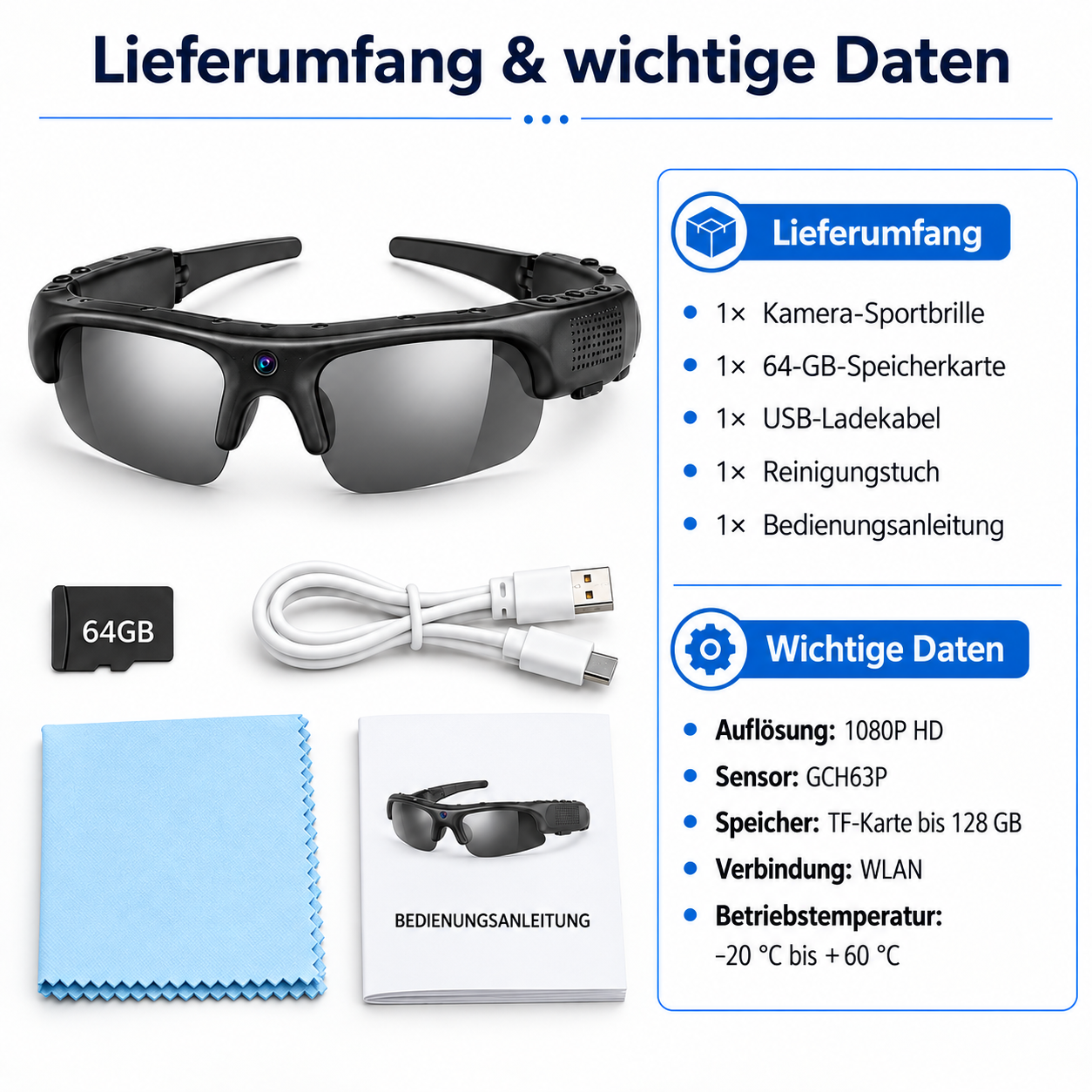Produktübersicht: Schwarze Kamera-Sportbrille mit Zubehör wie Speicherkarte, Kabel, Tuch und Handbuch.