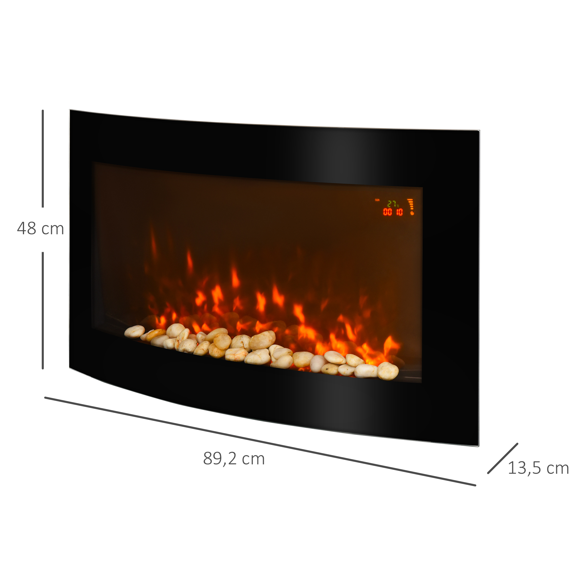 Chimenea de pared con marco negro, llamas artificiales y guijarros claros, incluyendo dimensiones 48x89,2x13,5 cm.