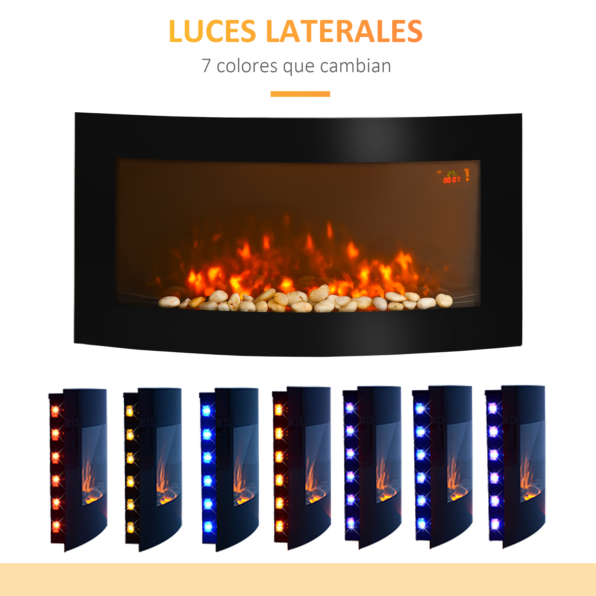 Una chimenea eléctrica negra con llamas naranjas, piedras blancas y siete colores de luces laterales abajo.