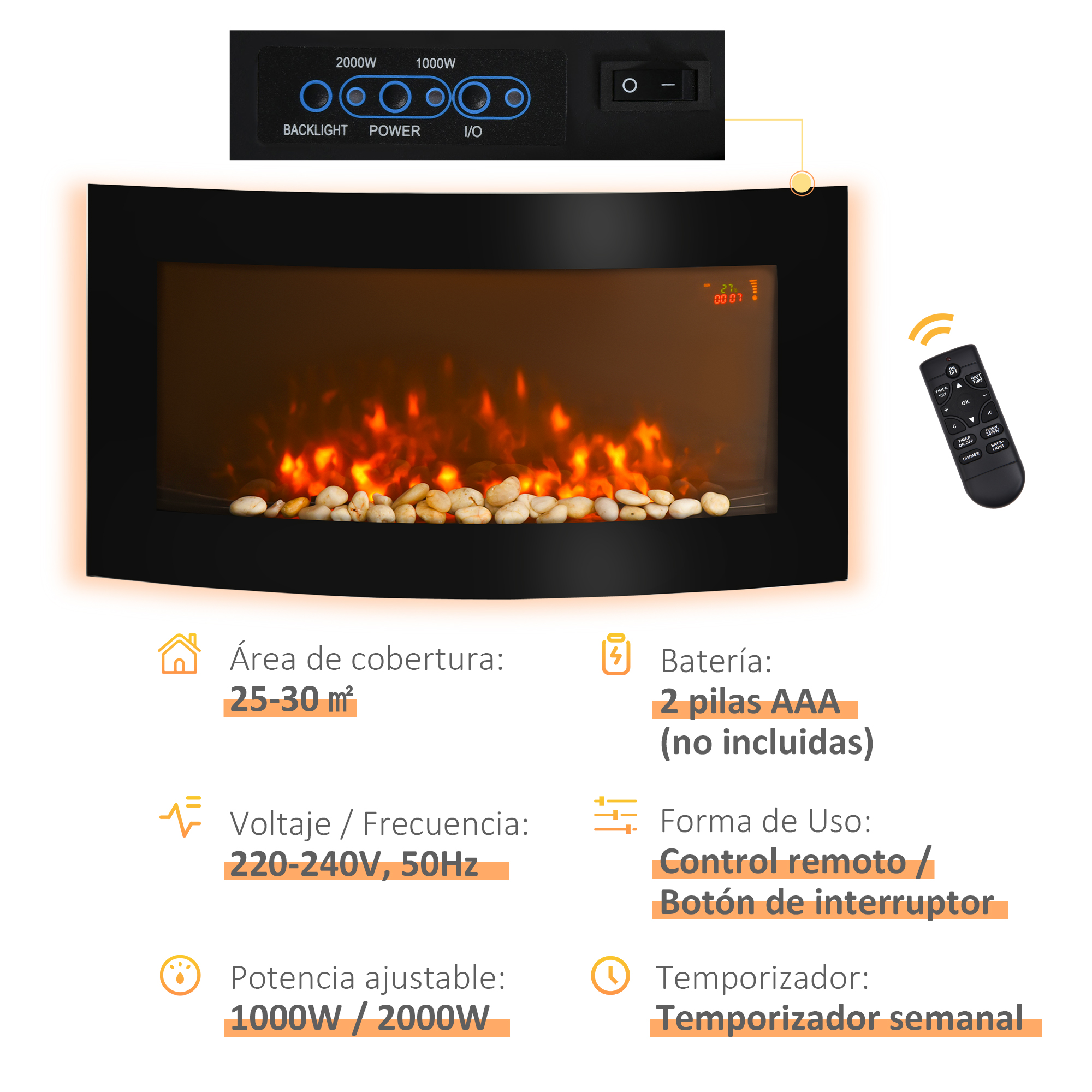 Chimenea eléctrica con efecto de llama naranja, panel de control, control remoto y especificaciones.