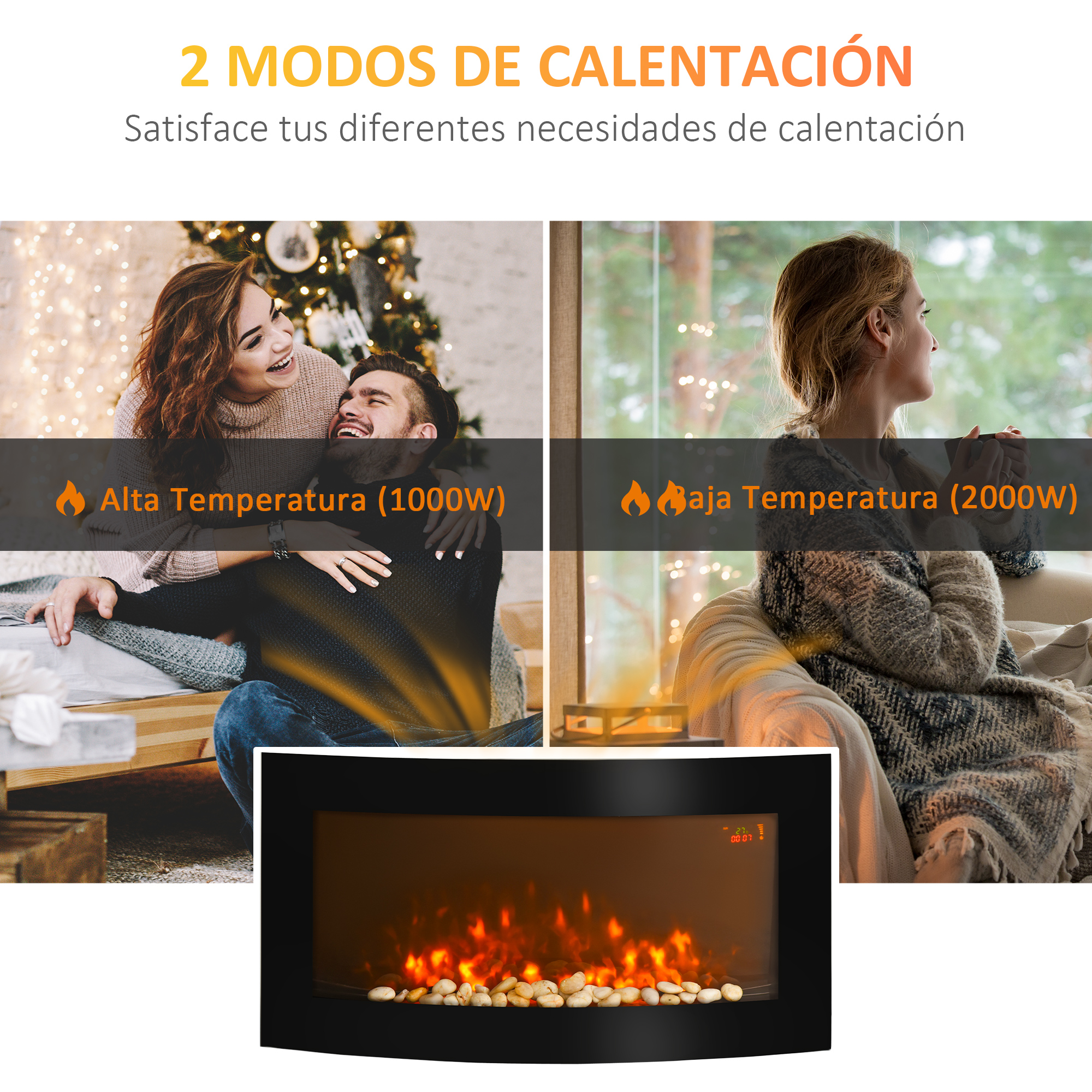 Una chimenea eléctrica muestra dos modos de calefacción: 1000W para parejas y 2000W para relajarse.