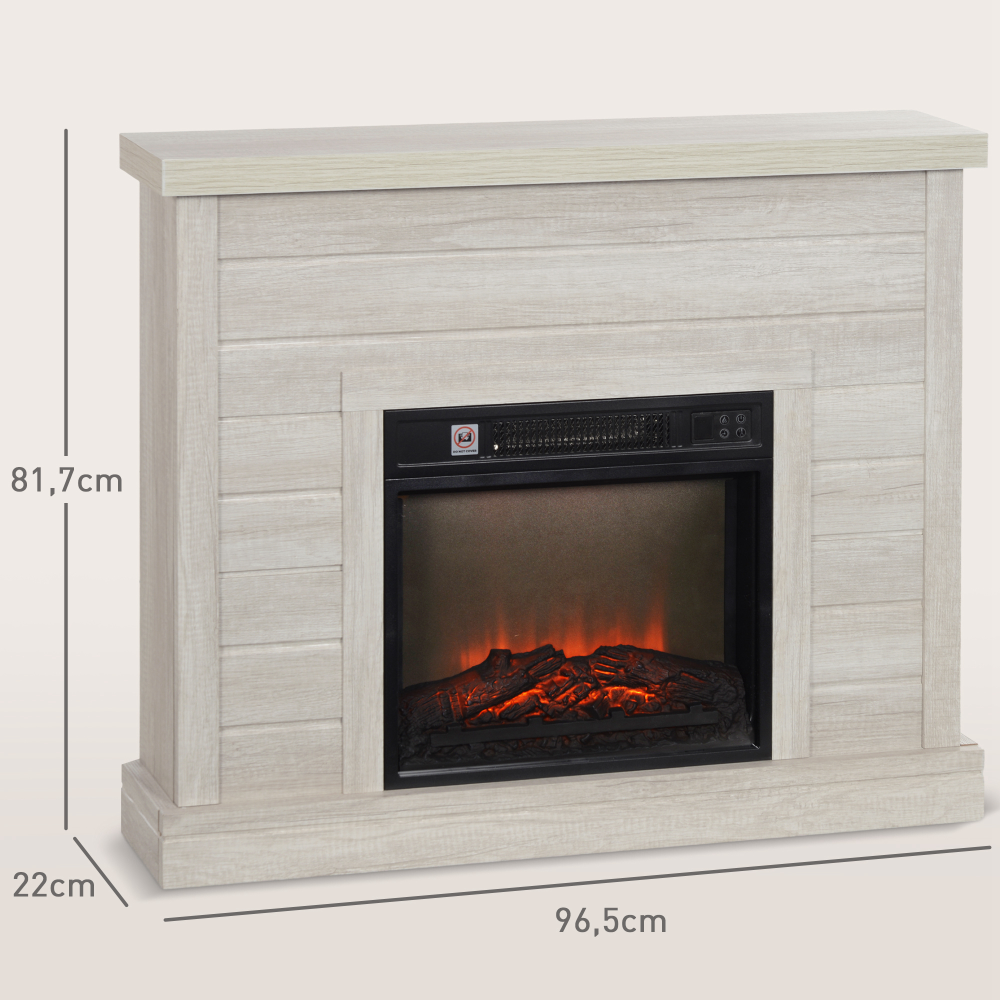 Chimenea eléctrica en imitación madera clara con detalles negros, de 96,5 cm de ancho, 81,7 cm de alto y 22 cm de fondo.
